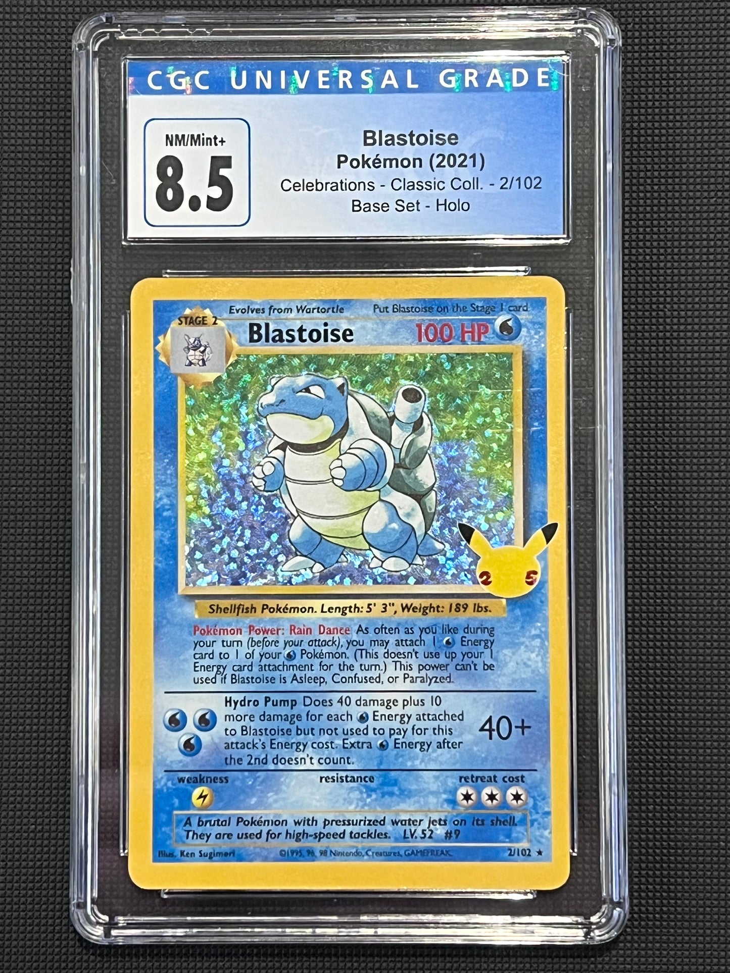 CGC Blastoise - 2/102 2021 Celebrations Classic Collection Holo NEAR-MINT/MINT+ Grade 8.5